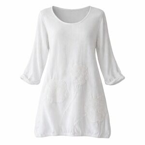 CottonWays White Beachy Tunic Dress Bubble Hem Floral Applique Loose Fit Size M